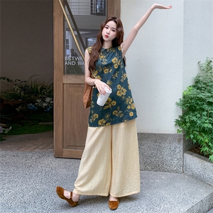 碎花牛仔新中式国风衬衫阔腿裤套装女夏巨好看流行两件套大方得体图片