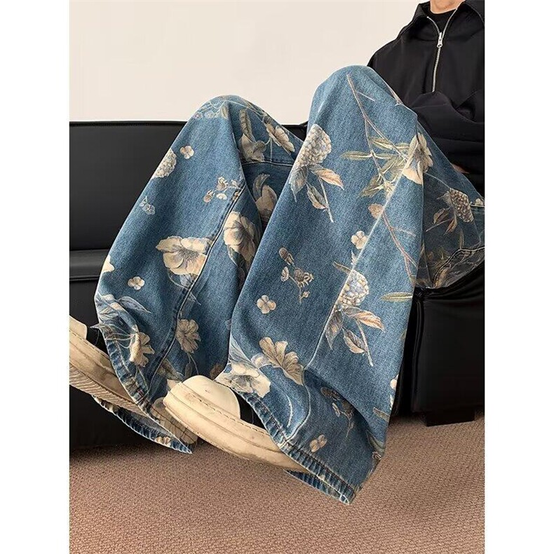 美式复古花卉印花阔腿牛仔裤宽松阔腿拖地裤子1001-1-N7089-P48,男装牛仔裤,星座1001-1