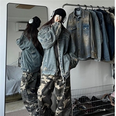 美式复古机车浮雕盔甲感牛仔外套男vintage水洗做旧痞帅潮牌夹克，男装工装外套，星座601-2