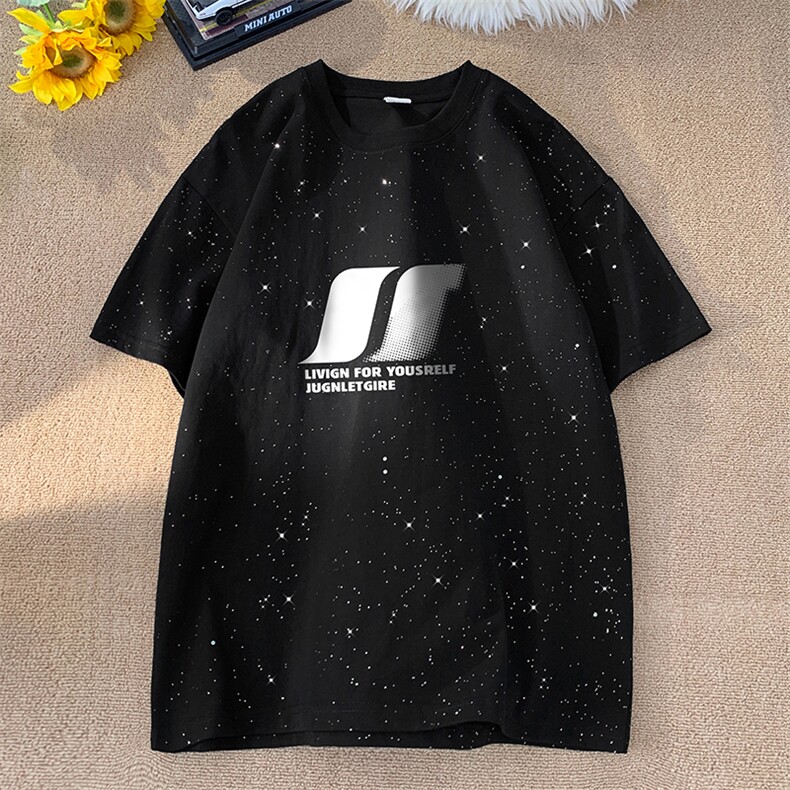 量大优供抖音视频支持得物配合二开美式满天星亮片短袖T恤MTX318,男装T恤,电商A486