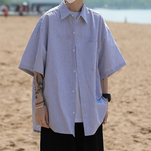 夏季学院风痞帅休闲衬衣cityboy蓝色条纹短袖衬衫男图片