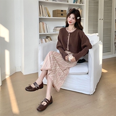 法式针织开衫连衣裙套装女2025秋季新款超好看菱格吊带长裙两件套，女装套装/套裙，2C212