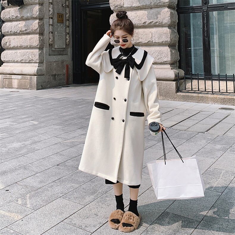 英伦学院风娃娃领呢子大衣女秋冬2024新款高级感中长款毛呢厚外套，女装毛呢外套，菡迪欧娜