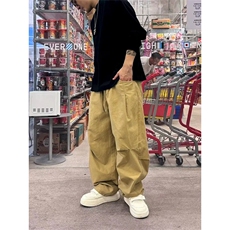 抖音得物纯色简约休闲裤男日系复古宽松束脚口袋装饰工装裤AK10，男装工装外套，电商A443
