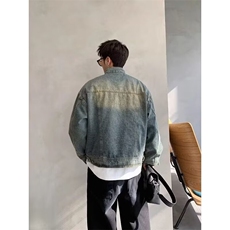 316-P672025秋装复古潮牌ins重工艺皱褶喷漆立领牛仔夹克外套，男装工装外套，电商B323A