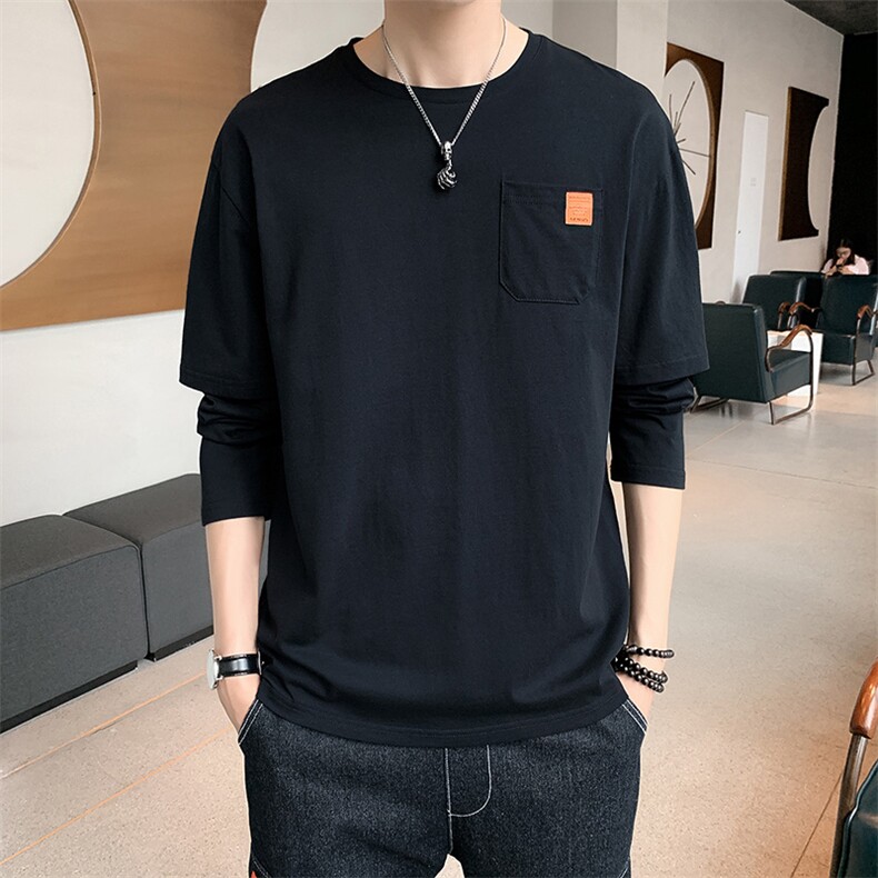 新款男士长袖t恤衣服口袋贴标假两件打底衫DT,男装T恤,电商A102