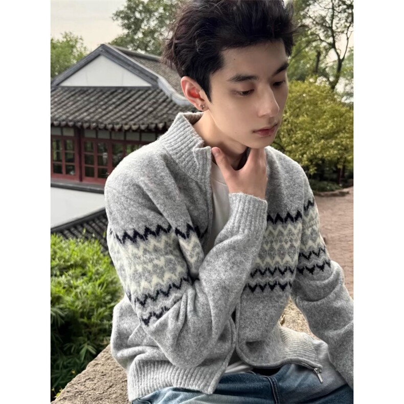 秋冬松弛氛围感麻花纹菱格针织衫男女美式复古宽松休闲慵懒风毛衣,男装针织衫/毛衣,星座506A