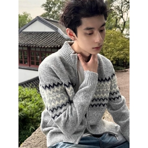 秋冬松弛氛围感麻花纹菱格针织衫男女美式复古宽松休闲慵懒风毛衣图片