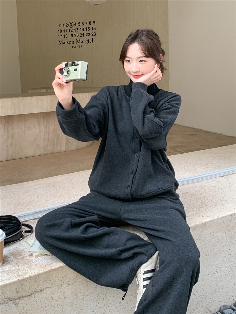 灰色松弛感加绒加厚立领卫衣两件套女2025冬季新款学院风显瘦卫裤,女装套装/套裙,艾米莉亚