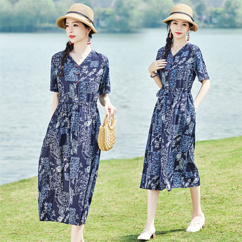 民族风棉麻连衣裙2024新款夏季高端女装大码显瘦减龄中年妈妈裙子,女装连衣裙,铭街依杨