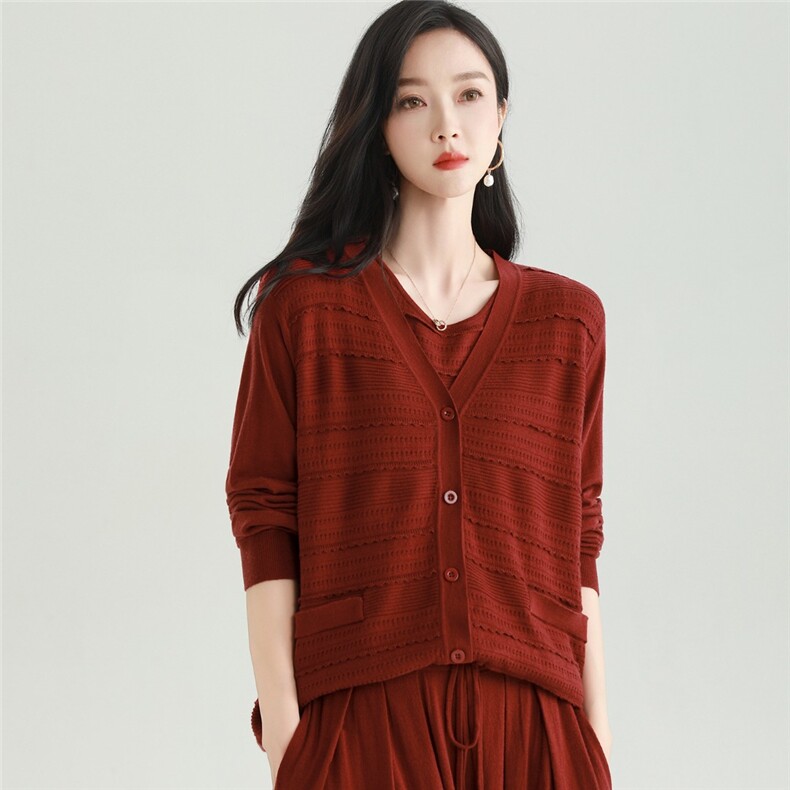 2025秋冬百搭时尚简约v领长袖镂空针织衫，女装针织衫/毛衣，雅之冉羊绒