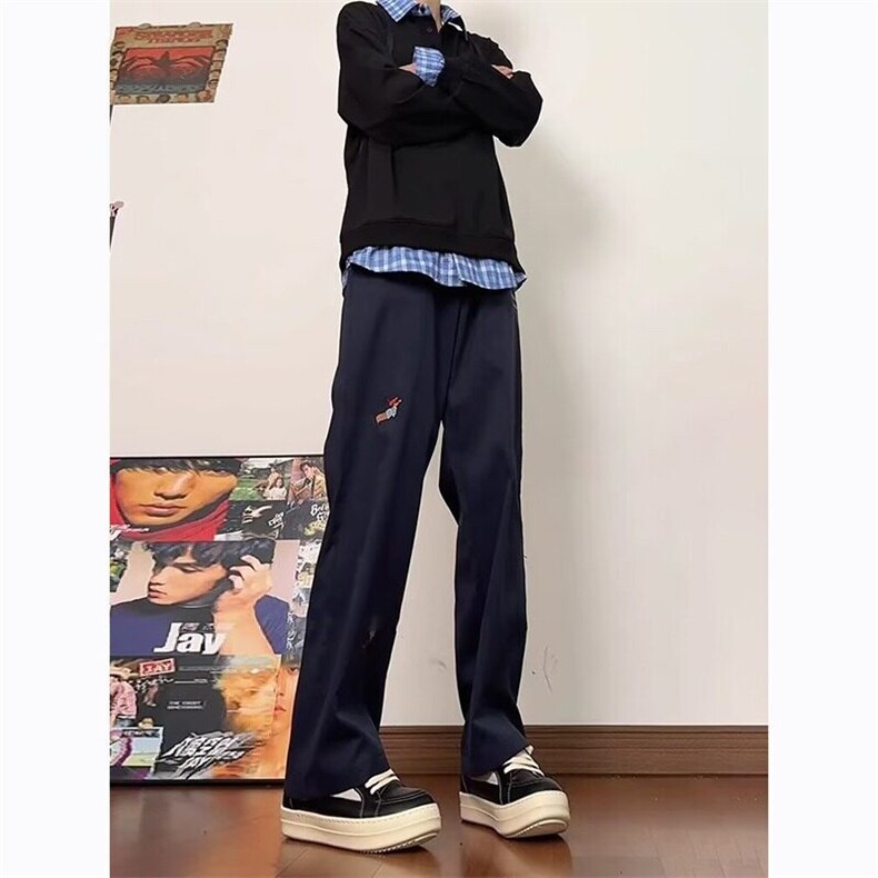 重磅格子拼接刺绣裤子男春秋季腊肠狗设计感宽松微喇直筒阔腿裤子,男装休闲裤,星座506A