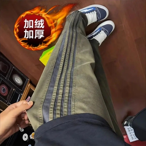 美式复古侧边条纹裤子男潮牌设计感复古直筒裤高街休闲显瘦工装裤