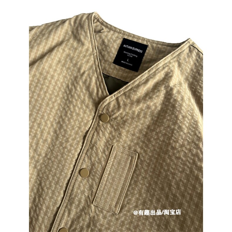 日单山系帅气男女小格子绗缝夹棉外套夹克保暖叠穿无领棉衣棉服潮,男装夹克,星座601-1