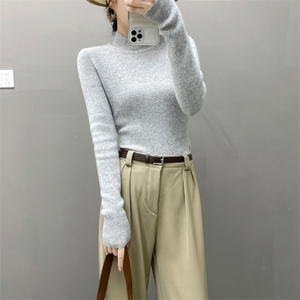 秋冬新款半高领针织衫女套头毛衣抽条打底衫时尚百搭修身显瘦内搭图片