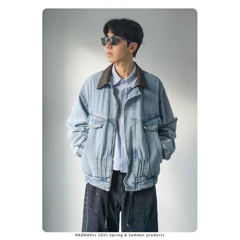 美式水洗褶皱廓形牛仔夹克秋季痞帅宽松情侣外套,男装工装外套,星座410-7