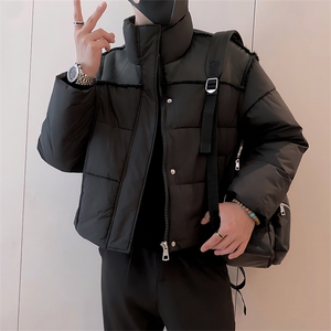 B08/P108控148冬季痞帅百搭黑色系皮料毛边设计感格子棉衣男黑首1图片