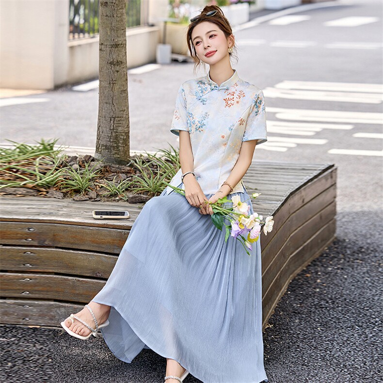 新中式国风套装裙女2025夏新款气质印花盘扣短袖上衣半身裙两件套,女装套装/套裙,沁沁公主