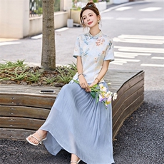 新中式国风套装裙女2025夏新款气质印花盘扣短袖上衣半身裙两件套，女装套装/套裙，沁沁公主