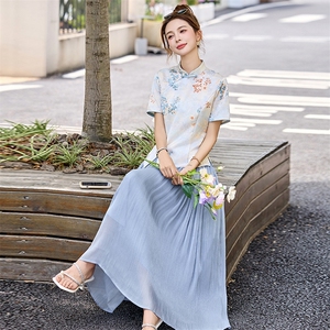 新中式国风套装裙女2025夏新款气质印花盘扣短袖上衣半身裙两件套图片