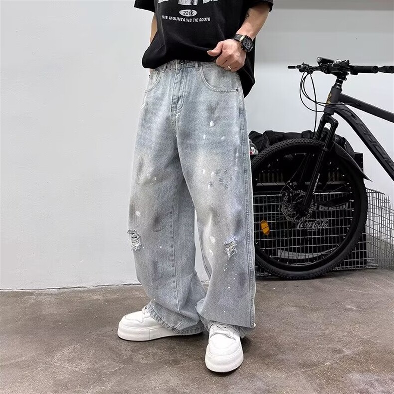 美式高街垂感油漆点阔腿牛仔裤夏季男士潮流宽松直筒破洞休闲长裤,男装牛仔裤,星座506A