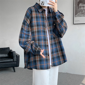 衬衫男春季新款港风宽松大码磨毛格子长袖衬衣CS618-P35图片