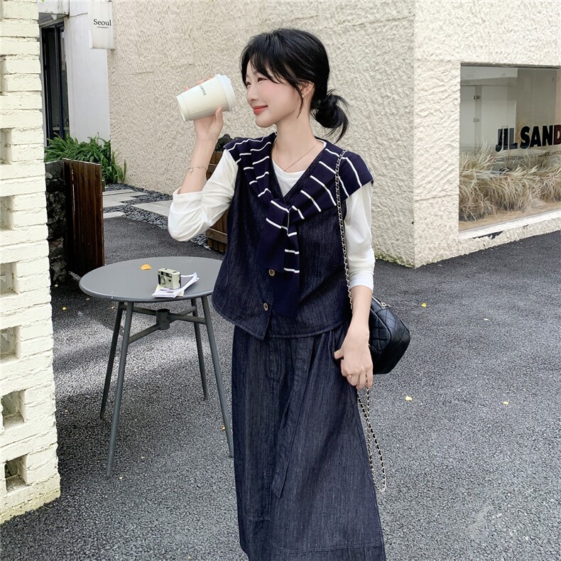 韩系通勤风穿搭套装女2025秋季新款小个子高级感背心半身裙两件套图片