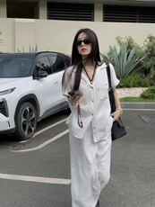 2025夏季轻薄微透松弛翻领短袖衬衫亚麻上衣，女装衬衫，湘姗