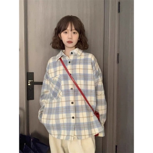 TC529-P45格子衬衫女薄款日系新款宽松休闲百搭小众长袖衬衣图片