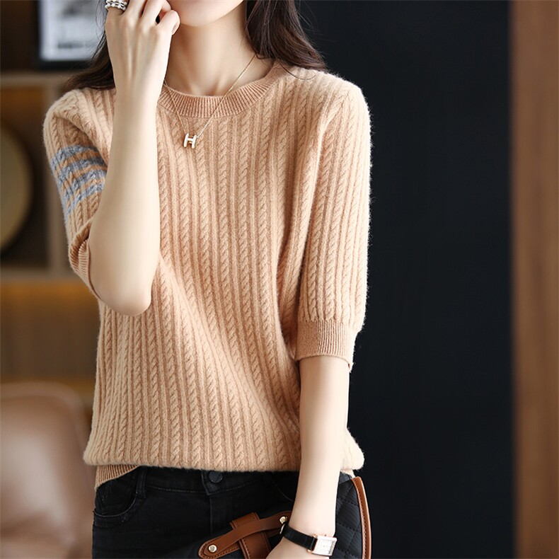 短袖羊毛衫女夏秋2024年新款薄款短款针织衫修身中袖条纹，女装T恤，蒙特羊绒