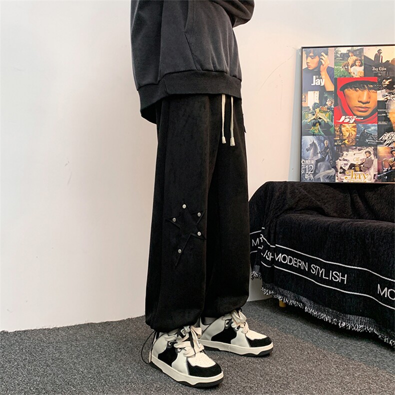Q2137-TP55控价78秋季新款麂皮绒简约百搭潮牌星星宽松休闲裤男,男装休闲裤,电商A102-1