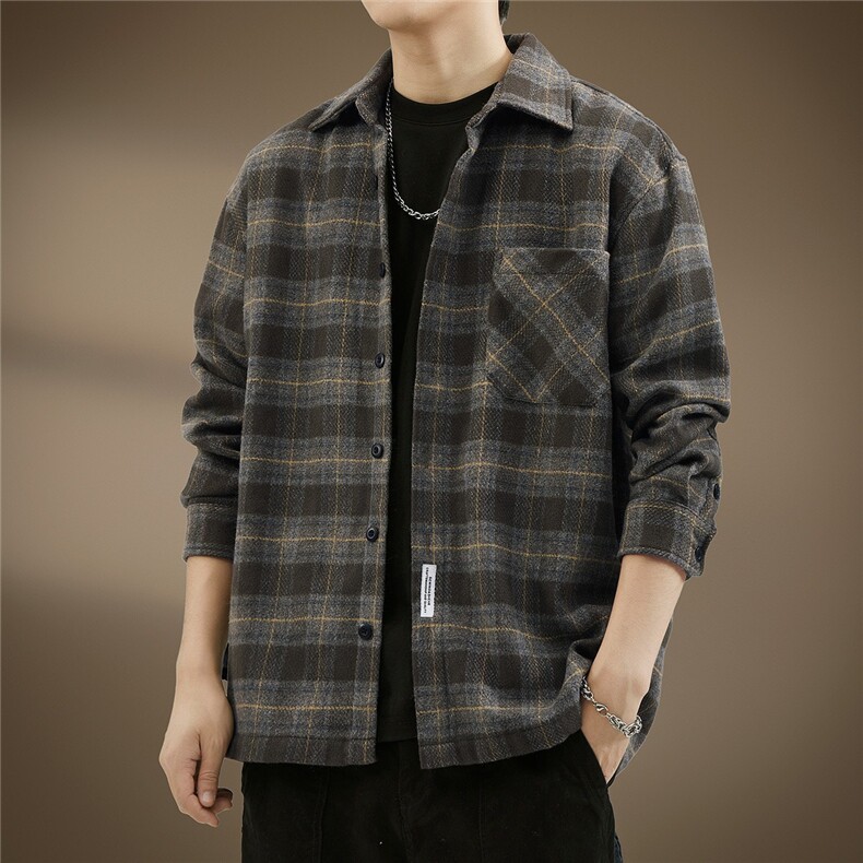 高端日系复古磨毛格子长袖衬衫男秋季休闲宽松重磅工装衬衣外套男，男装衬衫，星座1210-1