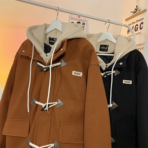 EQ160牛角扣加厚加棉冬季棉衣外套男假两件呢大衣潮牌P148