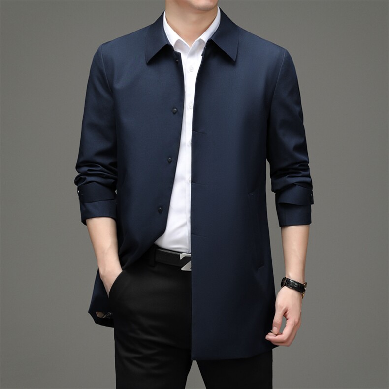 风衣男士中长款方领中年商务休闲爸爸装秋冬新款纯色外套夹克男装，男装风衣，电商B212（原钱塘6029）