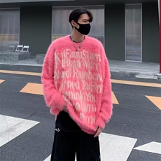 网图有货字母宽松毛绒绒仿水貂绒针织加绒毛衣男Y72-P63加绒P73，男装针织衫/毛衣，星座1505