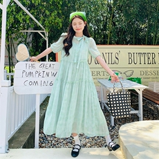 法式温柔风系带圆领连衣裙女2025夏季新款韩版宽松显瘦木耳边长裙，女装连衣裙，2C058