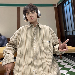 美式复古条纹衬衫外套男宽松长袖衬衣XZ225-3-CS04-P55控78图片