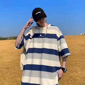 wassup happy日系条纹短袖t恤男夏季潮流宽松五分袖大码休闲半袖图片
