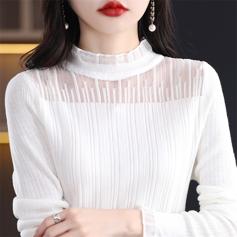正品简织禾100纯羊绒衫女新款蕾丝拼接时尚长袖羊毛针织打底衫薄,针织衫/毛衣,暖烁羊绒