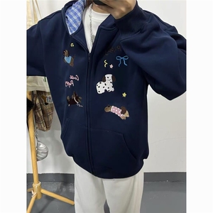 5653-P56原版做工刺绣纯棉华棉复合休闲宽松连帽卫衣外套加绒,穿搭黑色宽松连衣裙图片