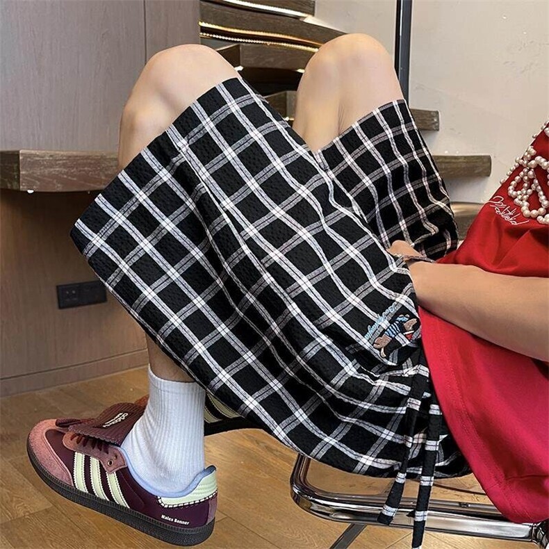 特批P22无差价夏季刺绣腊肠狗撞色格子港风男宽松五分短裤DK5871,男装休闲裤,电商A001-1