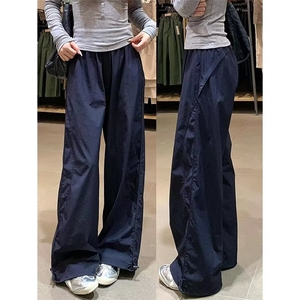 藏蓝色美式运动工装长裤女夏季新款百搭宽松慵懒休闲直筒阔腿裤子图片