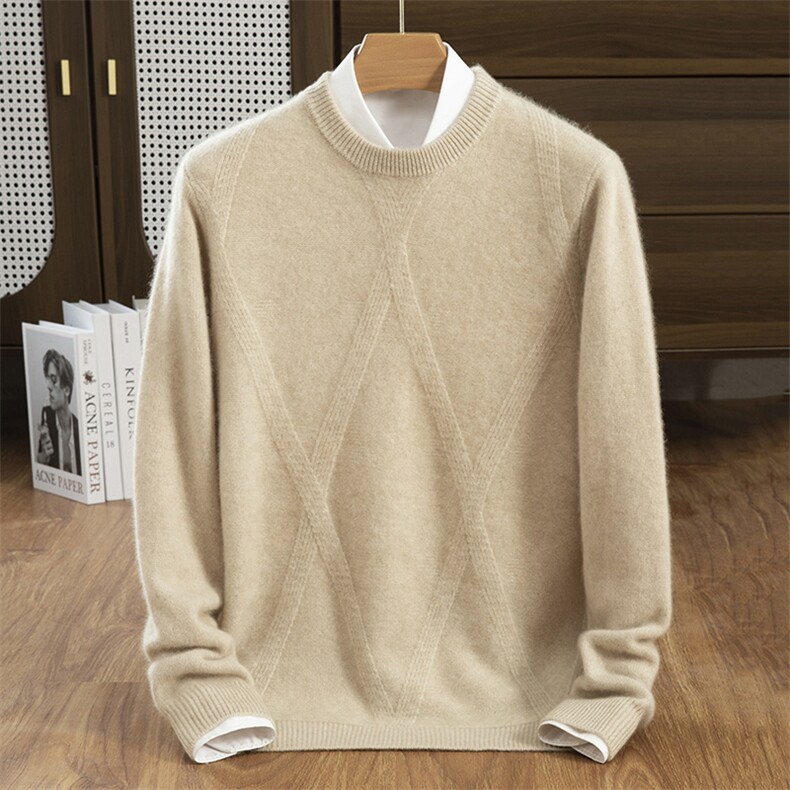 秋冬季35%羊绒休闲商务百搭7针加厚圆领大席编羊绒衫男装，男装羊绒套衫，隆格羊绒