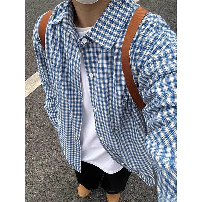 日系复古蓝白格子衬衫男款秋季cleanfit叠穿长袖衬衣美式防晒外套,男装防晒衣,星座715-4