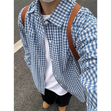日系复古蓝白格子衬衫男款秋季cleanfit叠穿长袖衬衣美式防晒外套，男装防晒衣，星座715-4