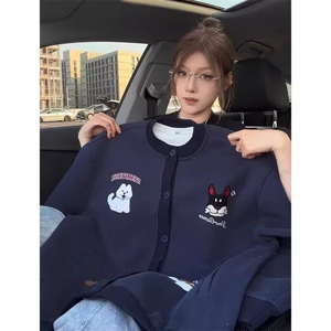 美式趣味毛巾绣慵懒卫衣开衫男女秋冬情侣棒球服潮SX1010P51图片