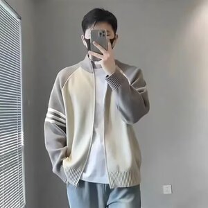 秋冬韩系双拉链针织外套男长袖休闲宽松简约立领针织开衫情侣毛衣