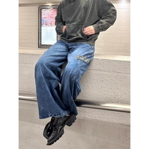BOYUE帛跃日系复古牛仔裤男女高街解构设计弯刀裤港风潮流休闲裤图片