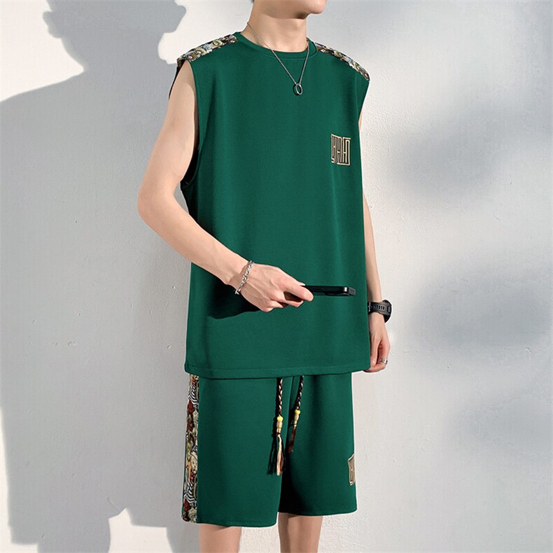 背心短裤两件套拼接小熊刺绣夏季休闲运动套装男A266-TZ2207-P43图片