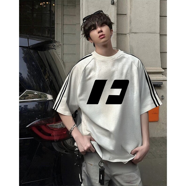 抖音得物高品质二开240克宽松纯棉美式潮牌三条杠织带短袖T恤，男装T恤，电商A486